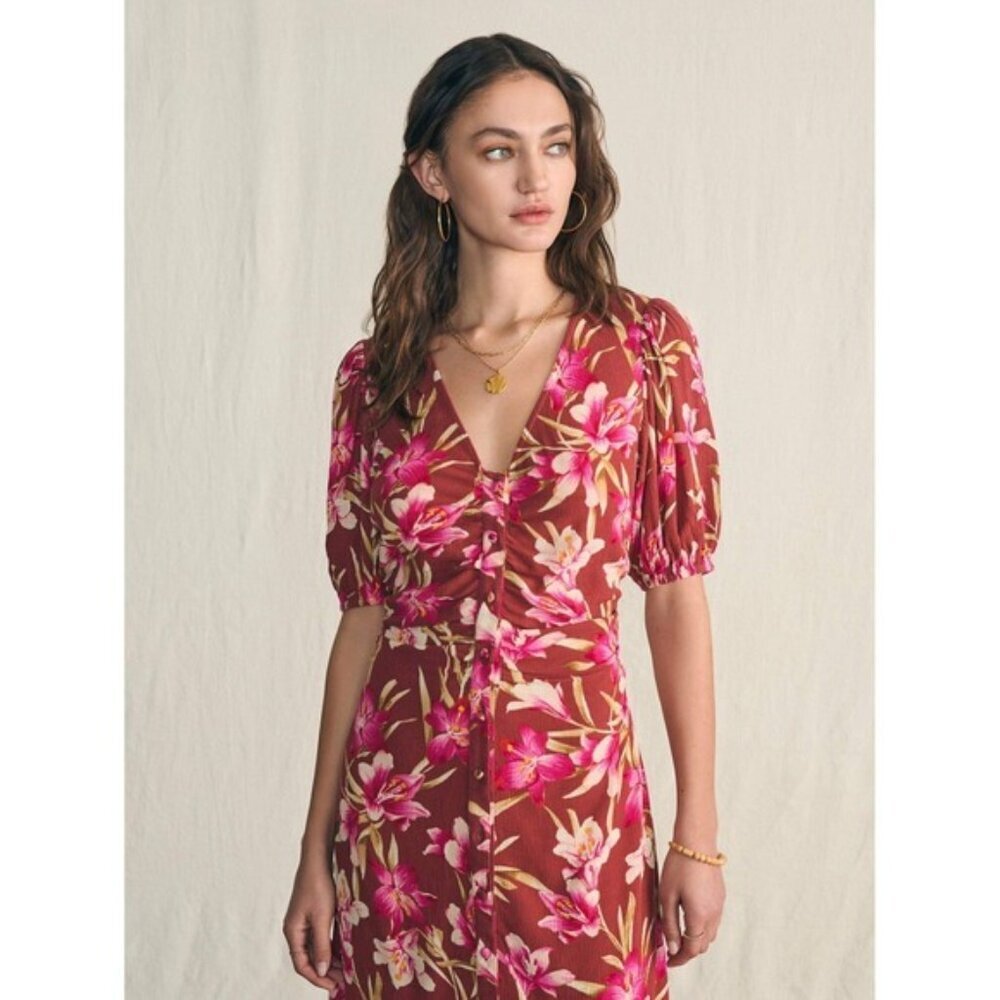 NWT Faherty Sorrento Majorca Women's SMALL Floral Maxi Dress Puff Short‎ Sleeve